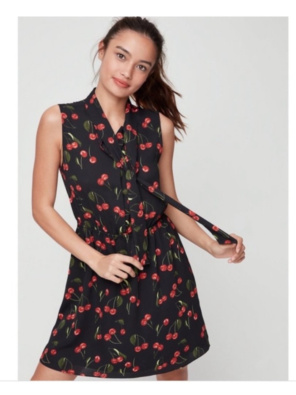 Aritzia Sunday Best Veronica Cherry Print Tie Neck Dress Black - M